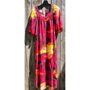 Vtg 80’s Original Helena's Hawaiian Floral Muumuu Maxi Dress Sunset Palm Trees